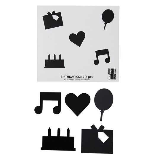 Design Letters Organise with Icons, Happy Birthday, musta