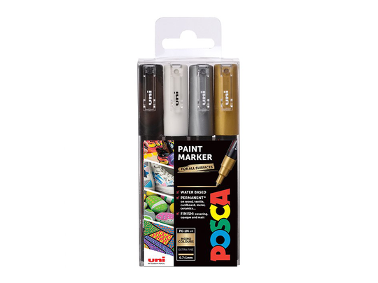 Posca - PC1MC - Extra Fine Tip Pen - Gold, Silver, Black and White, 4 pc